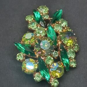 Dazzling Green Navettes and AB Stones Vintage Brooch Trombone Clasp